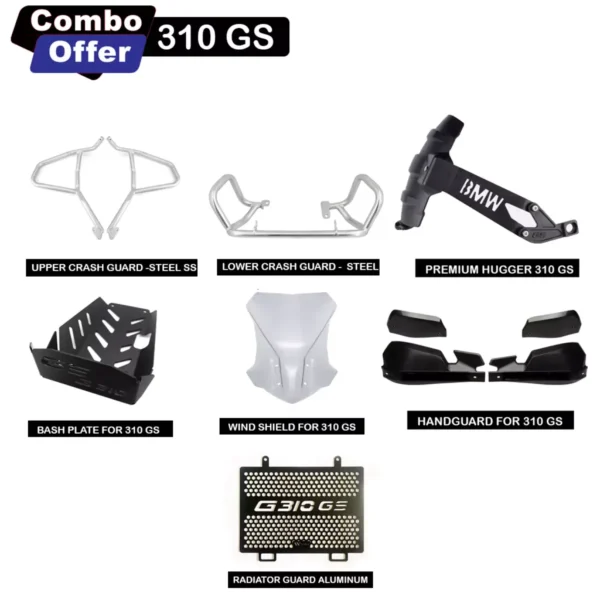 BMW G310GS Combo-Black Upper Crash Guard Stainless Steel+Black Lower Crash Guard Stainless Steel+Tyre Hugger+Bashplate+Windshield+handguard+Radiator Guard