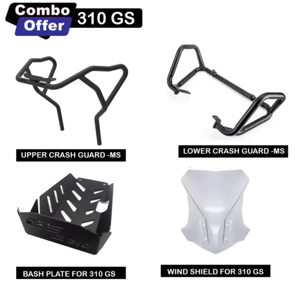 BMW G310GS Combo-Black Upper Crash Guard MS+Black Lower Crash Guard MS+Bashplate MS+Windshield